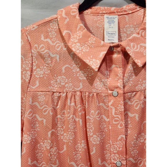 Vtg Sears Koffee Snap Housecoat Floral Ribbons Peach 9/10 Pocket Short Sleeved - Picture 2 of 8